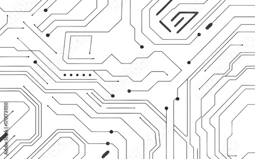 Abstract futuristic circuit board pattern with digital technology elements in a clean white background 
