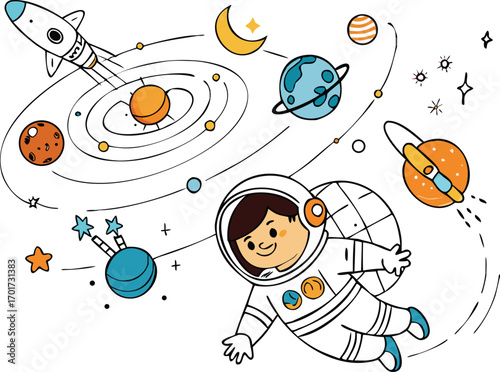Astronaut floating in space with planets and rocket 
