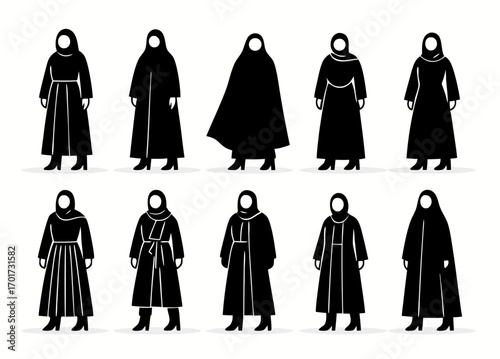 Muslim Women Abaya Fashion - Minimal Black and White Vector Collection