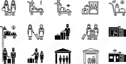 Airport vector illustration set with luggage trolleys, airline staff, baggage check-in, passenger icons, terminal symbols, travel equipment, and flight services.