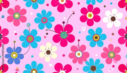 A repeating pattern of vibrant flowers in pink, blue, and white against a light pink backdrop.