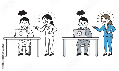 Two cartoon business people arguing at desks with laptops showing a sad face icon isolated on white background.