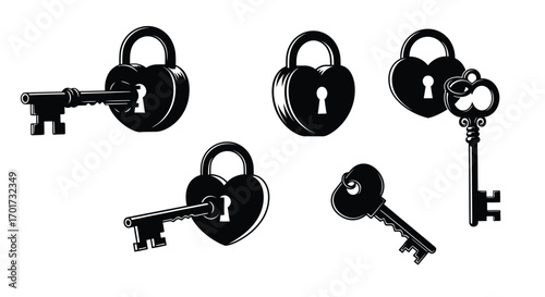 Vintage padlock and key set antique security icons traditional lock and skeleton key graphics vector