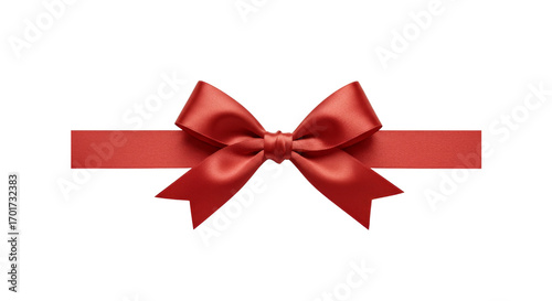 Red satin ribbon bow with a long tail on isolated white background  