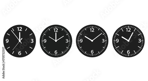 Four black circular clocks displaying different times against a vector