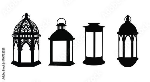 Decorative lantern set diverse styles geometric patterns islamic arabesque ornate details vector