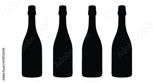 Four black silhouettes of champagne bottles standing side by side ready for celebration vector
