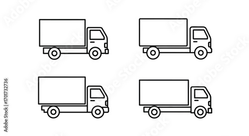 Four simple outline box trucks for logistics and delivery services transporting goods vector
