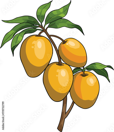 Fresh ripe mango fruit illustration, tropical yellow mangoes on branch with green leaves, juicy summer fruit artwork, perfect for food and nature themes