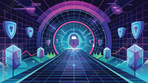 Cyber security and data protection concept with a futuristic illustration of a locked portal and shields in neon tones