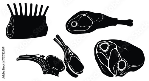 Assortment of raw meat cuts including lamb chops and leg of lamb isolated on white vector