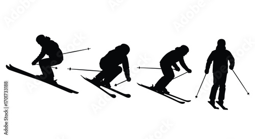 Dynamic skiing silhouette sequence showing motion and action on snow sports vector