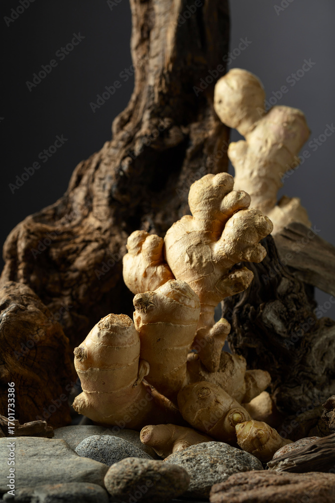 Fototapeta premium Ginger root with old snags and stones on a black background.