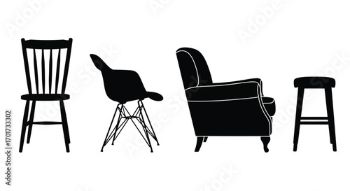 Diverse collection of furniture silhouettes featuring chairs and stool for interior design vector