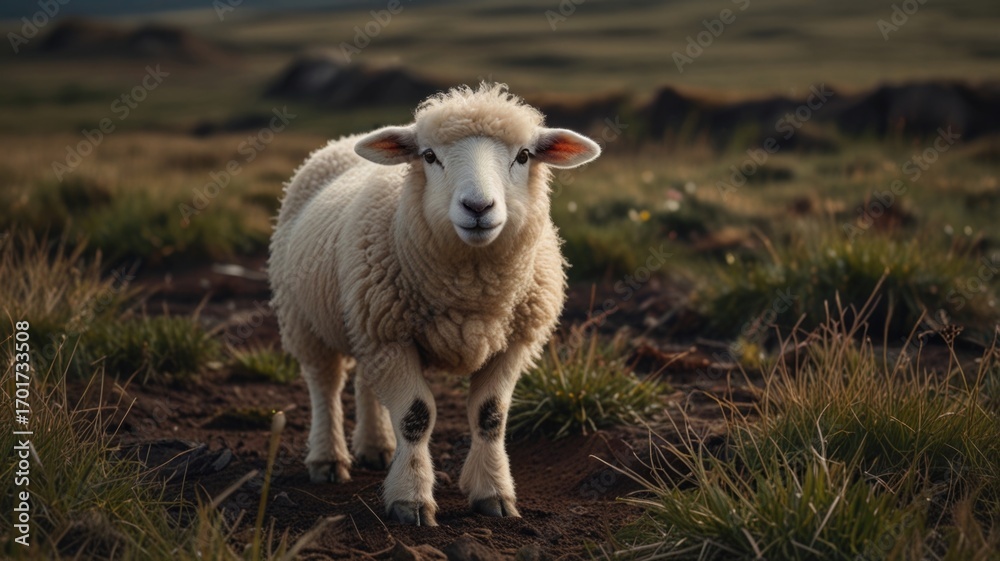Fototapeta premium A curious sheep stands in a grassy field under soft morning light in a serene countryside setting