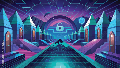 Cyberpunk illustration featuring a digital cityscape with a padlock and futuristic elements suitable for design