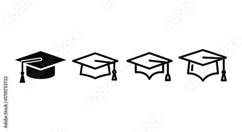 Set of four graduation caps featuring different stylized designs and tassels for academic achievement celebration vector