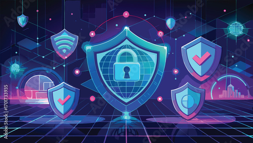 Digital cyber security illustration featuring shields padlock and network grid representing data protection on a transparent background