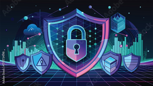 Digital cybersecurity concept with padlock and shields represents data protection and network security