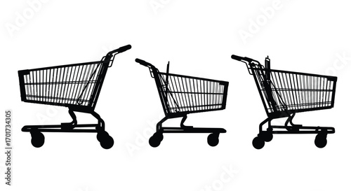 Three detailed sketch style shopping carts lined up side by side isolated vector
