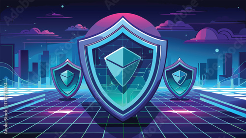 Digital security and cyber protection concepts featuring shield icons with a futuristic neon cityscape background