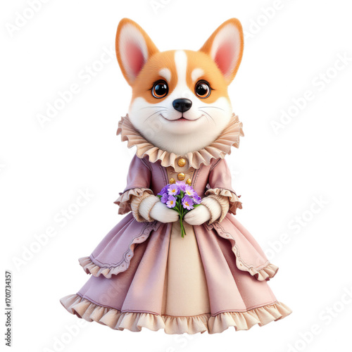 Adorable Corgi in a Pink Victorian Dress Holding a Bouquet of Purple Flowers.