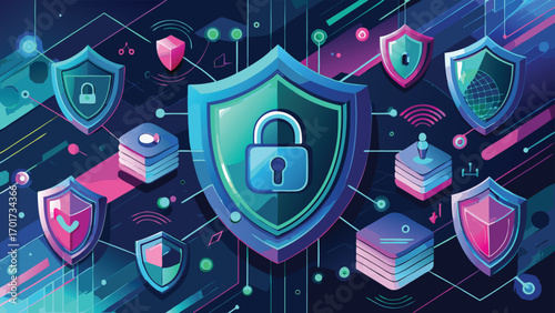 Digital security and data protection illustration featuring shields padlocks and abstract network connections