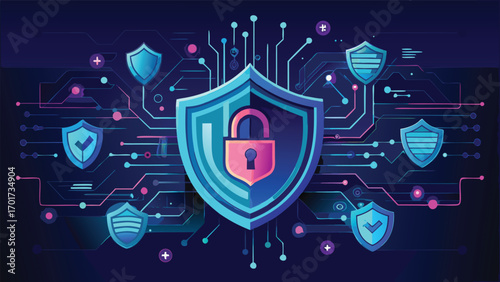 Digital security and protection concept illustrating data encryption and cybersecurity measures with shields and circuitry