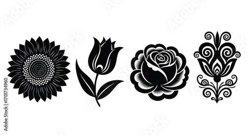 Decorative folk art floral elements including sunflower tulip rose and ornate design for creative projects vector
