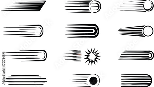 Vector illustrations of speed lines and motion effects in dynamic black and white graphic designs 
