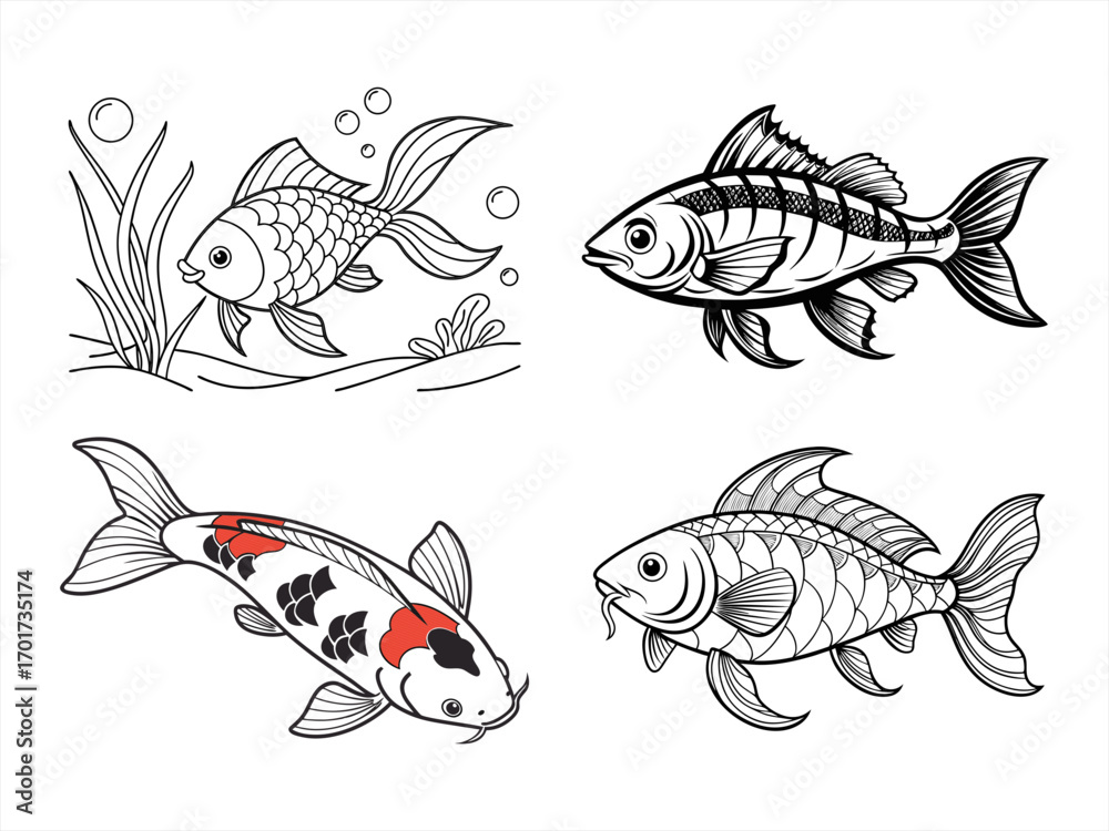 Naklejka premium coloring page line art the utsun fish black vector bundle