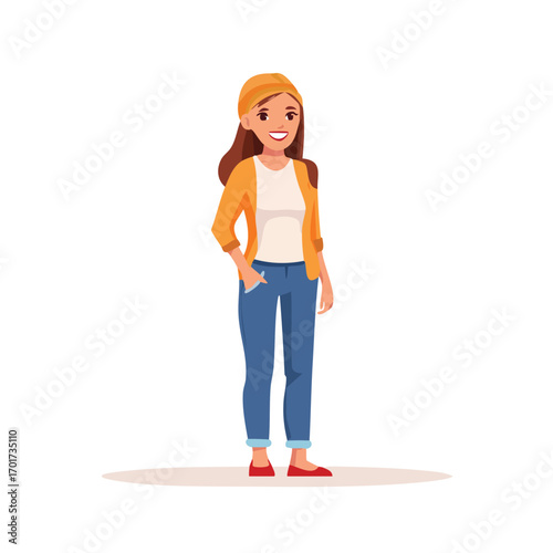 Casual Girl with Orange Jacket and Blue Jeans - AI Generated