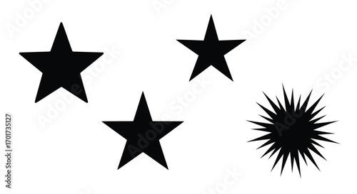 Four black stars and a spiky shape on symbolizing awards and success vector
