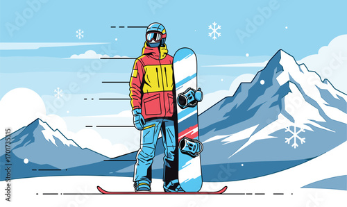 Snowboarder in Colorful Outfit on Winter Mountain Landscape