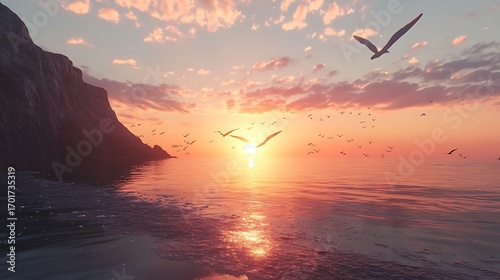 Sunset sky filled with silhouettes of birds above calm water high resolution picture