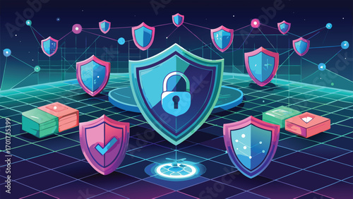 Digital security concept featuring shields padlock checkmark and network connections in a futuristic illustrated style