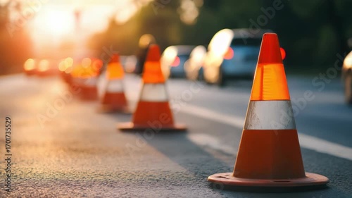 Orange traffic cones lining road during sunset