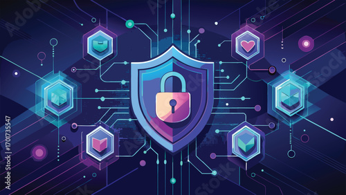 Digital security illustration featuring shield padlock and hexagon elements for cyber protection and data encryption