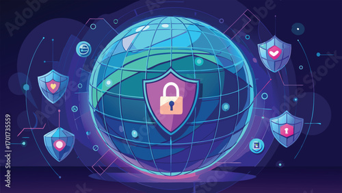 Digital security illustration featuring a globe with shield icons representing cybersecurity and data protection