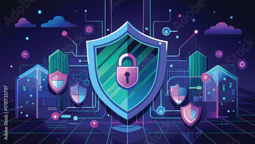 Digital security illustration featuring shields padlocks and a cyberpunk cityscape aesthetic with transparency
