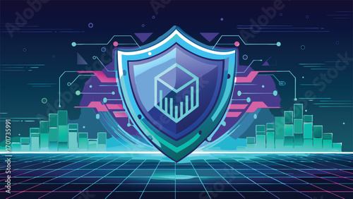 Digital security shield graphic representing data protection and cyber defense in a technological futuristic interface