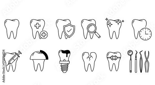 Collection of dental care icons featuring teeth and instruments for oral health promotion