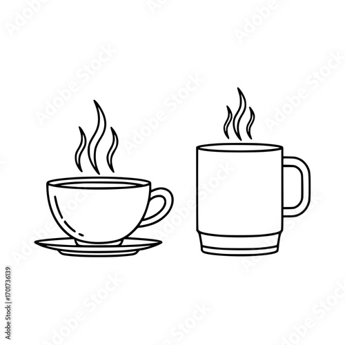 Two steamy hot beverage cups one classic teacup and one modern mug perfect for your coffee or tea designs