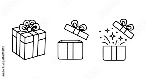 Charming line art icons representing gift boxes with ribbons sparkles and festive celebration elements