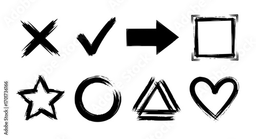 Collection of hand drawn brush stroke icons checkmark x star arrow square circle triangle heart shapes