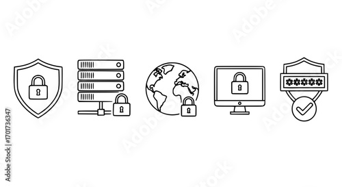 Set of security icons including shield lock server globe monitor password and checkmark for digital safety concepts
