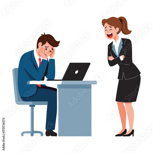 Frustrated businessman sitting at desk with laptop while colleague laughs at him isolated on white background