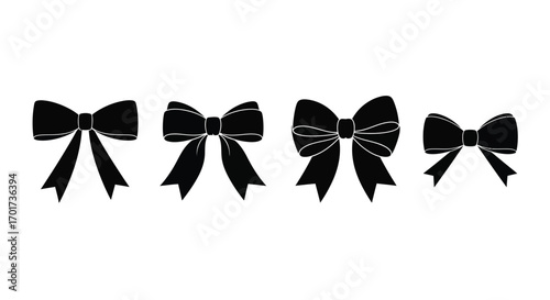 Collection of four diverse black satin bows for gifts and decorations with elegant loops and tails vector