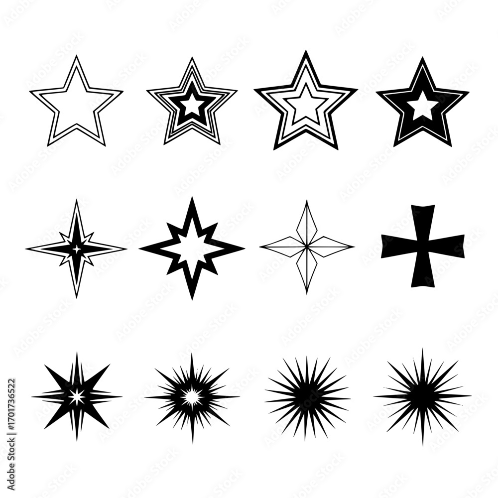 Obraz premium Collection of grunge starburst and star shapes for graphic design projects decorative elements