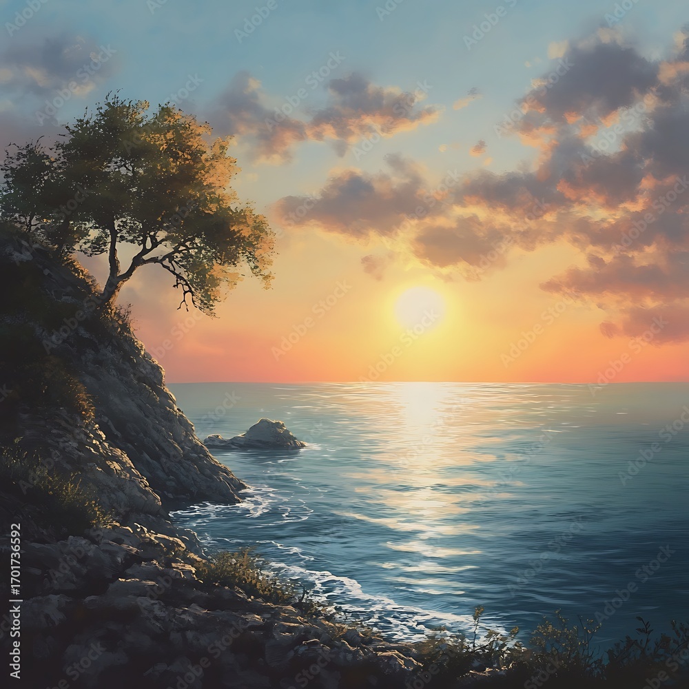 Obraz premium Tranquil seaside sunset with wildflowers in foreground by shore high resolution picture